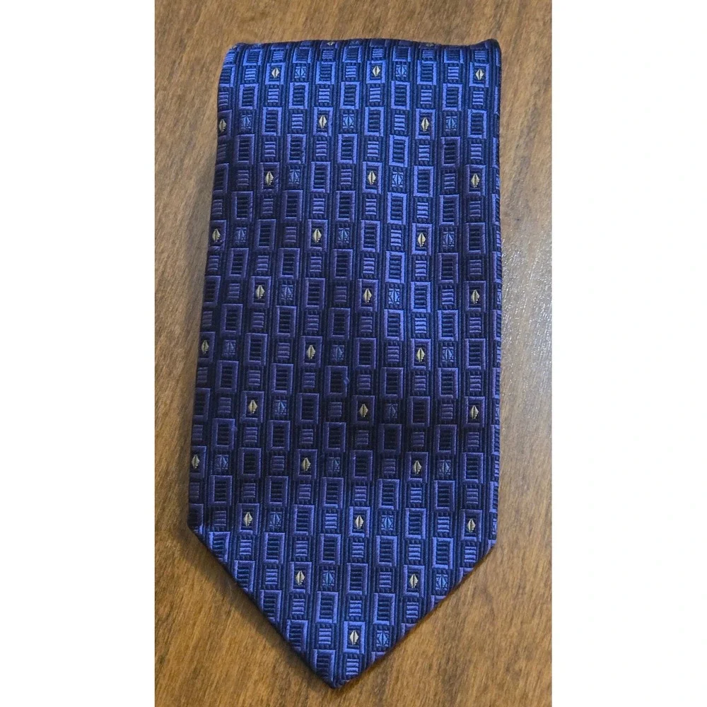 Equestrian Firenze Mens Blue Geometric Silk Tie Made in Italy Luxury Necktie